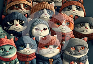 AI-generated illustration of a group of cats in hats and sweaters.