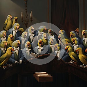 AI generated illustration of a group of colorful birds perched atop a stage singing in unison