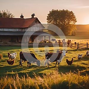 AI generated illustration of a group of cows grazing in a lush green field near a wooden fence