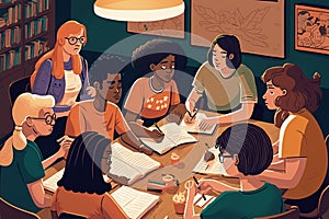 AI generated illustration of A group of diverse students studying collaboratively in a library