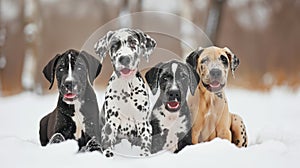 a number of dogs sitting on top of a snowy ground