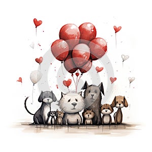 AI generated illustration of a group of dogs sitting together as colorful balloons