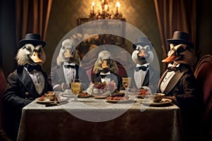 AI generated illustration of A group of ducks wearing tuxedos and are enjoying a luxurious meal