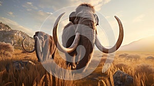 AI generated illustration of a group of extinct mammoths exploring the landscape