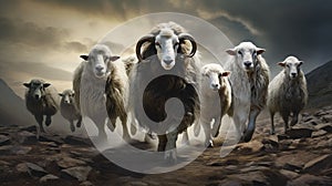 AI generated illustration of a group of goats and sheep running up a steep, rocky hillside