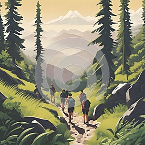 AI generated illustration of a group of individuals walking down a picturesque trail