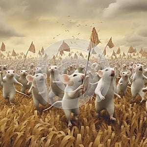 AI-generated illustration of A group of mice running together in a unified fashion, carrying flags