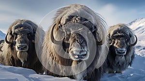 AI generated illustration of a group of musk oxen standing together in a snowy, wintery landscape