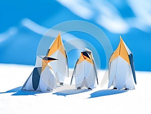 AI generated illustration of a group of penguin origamis perched atop a snow-covered field