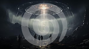AI generated illustration of a group of people under a large unidentified flying object in the sky