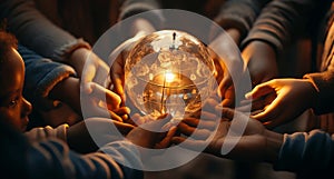 many hands are holding a light up like the world globe