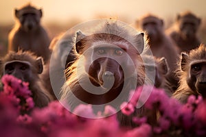 AI generated illustration of a group of primates perched atop a grassy field