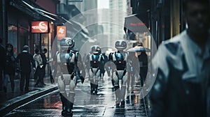 AI generated illustration of A group of robotic figures walking in unison down a wet city street