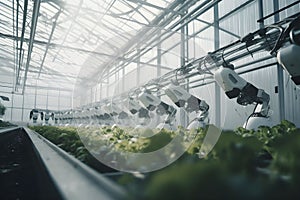 AI generated illustration of A group of robots working in a technologically advanced greenhouse.