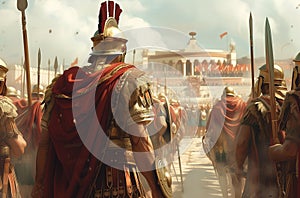 AI generated illustration of a group of Roman soldiers in armor marching to a castle