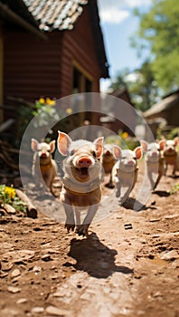AI generated illustration of a group of small piglets sprinting down a rural dirt road