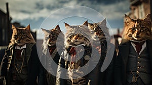 AI generated illustration of a group of western tabby cats in suits and bowties