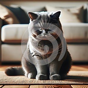 AI-generated illustration of a grumpy British shorthair cat looking at the camera