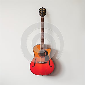 a guitar hangs against the wall with its frets exposed photo