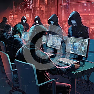 AI generated illustration of hackers sitting at the computer desks with black hoods on