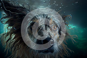 AI generated illustration of hairy dog swimming in water