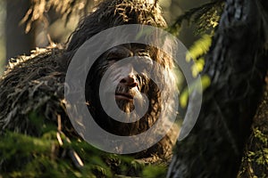 AI generated illustration of a hairy neanderthal man in a lush green forest