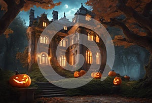 AI generated illustration of a Halloween scene featuring a house decorated walkway with pumpkins