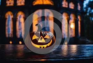 AI generated illustration of a Halloween scene featuring a house decorated walkway with pumpkins