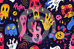 AI generated illustration of hand-drawn colorful monsters on dark blue background