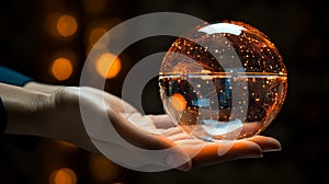 AI generated illustration of a hand holding a crystal ball reflecting an orange network
