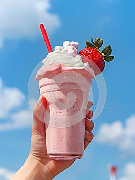 AI-generated illustration of a hand holding a delicious strawberry milkshake