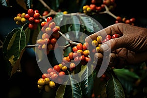 AI generated illustration of a hand picking ripe, red coffee beans from a branch of a coffee tree