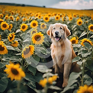 AI generated illustration of a happy dog with tongue out standing in sunflower field