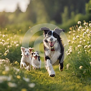 AI generated illustration of A happy mother dog running with her puppies in the field