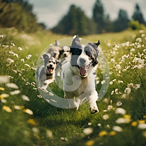 AI generated illustration of A happy mother dog running with her puppies in the field