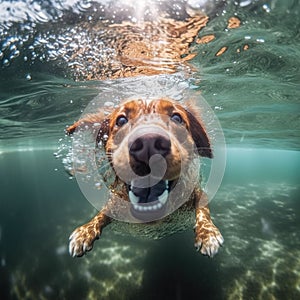 AI generated illustration of a happy and playful-looking dog swimming in a body of water