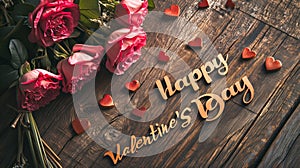 AI generated illustration of 'Happy Valentine's Day' message with pink roses on a wooden background