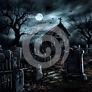 AI generated illustration of a haunting graveyard at night with a full moon