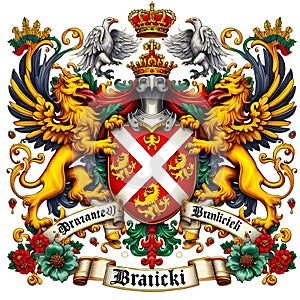 AI-generated illustration of a heraldic coat of arms featuring two griffins and floral motifs