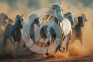 there are a lot of horses running together in the desert