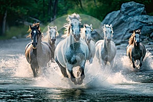 AI generated illustration of a herd of horses running across a shallow river