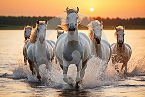 AI generated illustration of a herd of wild horses running in the sea at sunset