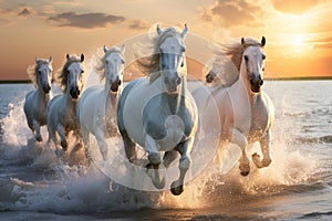 AI generated illustration of a herd of wild horses running in the sea at sunset