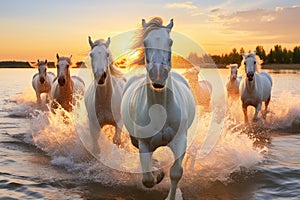 AI generated illustration of a herd of wild horses running in the sea at sunset