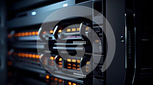 AI generated illustration of a high-tech server rack in a data center illuminated by orange lights