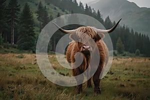 AI-generated illustration of a highland cow standing in a green meadow