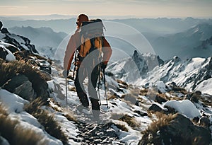 AI-generated illustration of a hiker standing in awe of the majestic view of snow-covered mountains