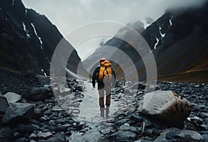 AI generated illustration of a hiker with a yellow backpack on the rock and foggy mountain path