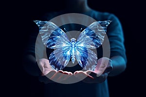 AI generated illustration of a holographic blue butterfly over the hands of a person