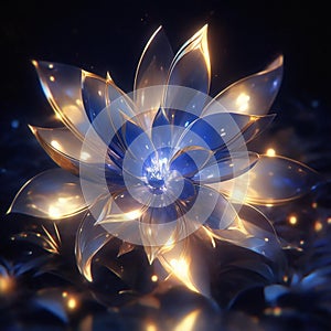 AI generated illustration of holographic extrusion of a geometric dark blue fractal flower of life